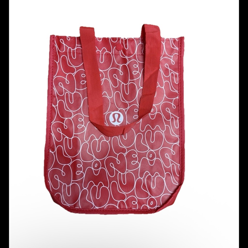 Lululemon Reusable Small Shopping Tote Bag Red White 9.25”x11”x4.5” Snap Closure